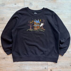 Halloween Vintage Sweatshirt XL Haunted House Ghost Embroidery Holiday Editions